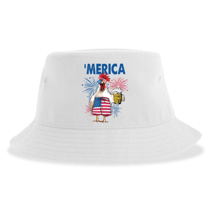 Merica Funny Chicken With Beer USA Flag 4th Of July Sustainable Bucket Hat