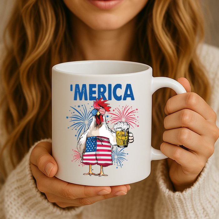Merica Funny Chicken With Beer USA Flag 4th Of July Mug