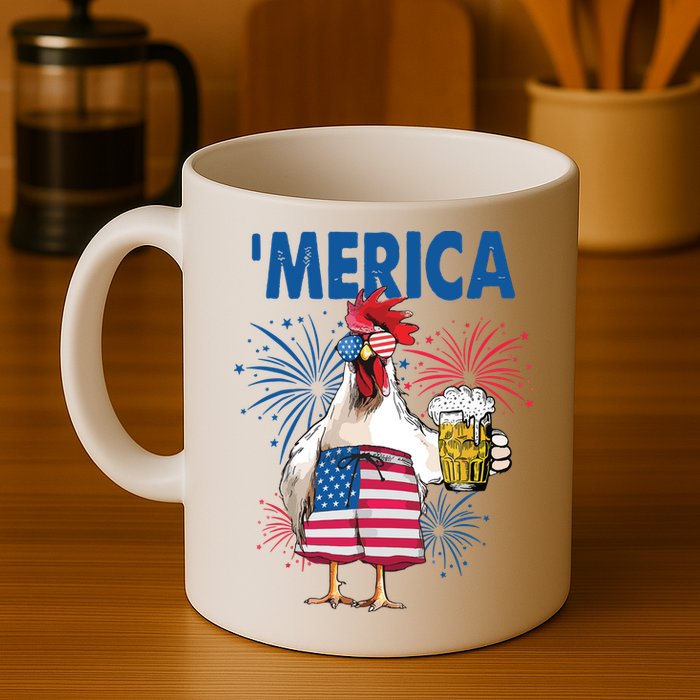 Merica Funny Chicken With Beer USA Flag 4th Of July Mug