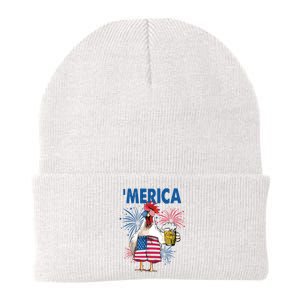 Merica Funny Chicken With Beer USA Flag 4th Of July Knit Cap Winter Beanie