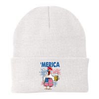 Merica Funny Chicken With Beer USA Flag 4th Of July Knit Cap Winter Beanie