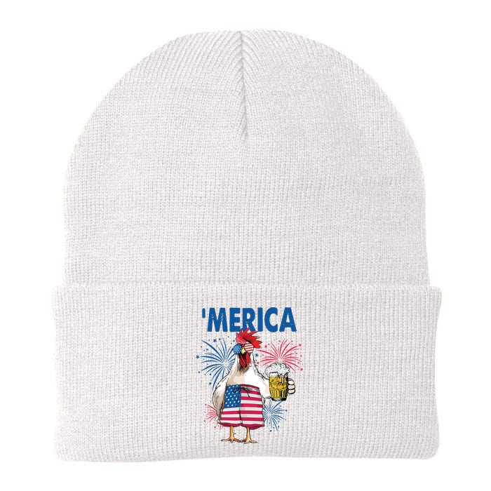 Merica Funny Chicken With Beer USA Flag 4th Of July Knit Cap Winter Beanie