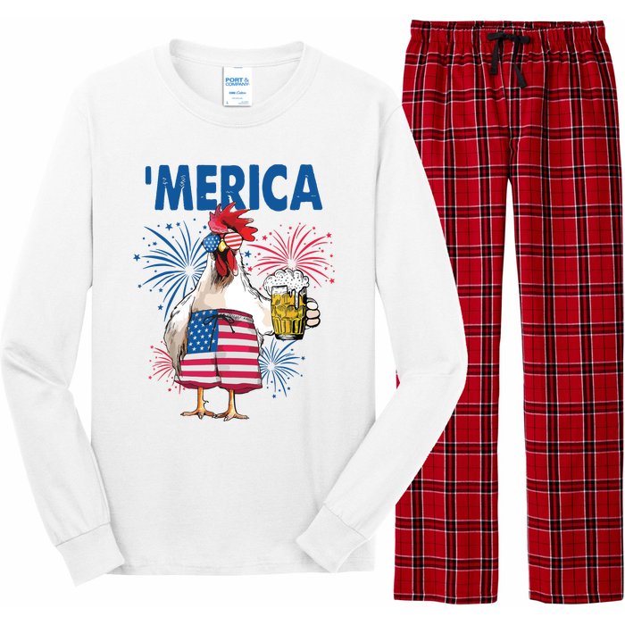 Merica Funny Chicken With Beer USA Flag 4th Of July Long Sleeve Pajama Set