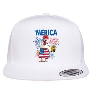 Merica Funny Chicken With Beer USA Flag 4th Of July Flat Bill Trucker Hat