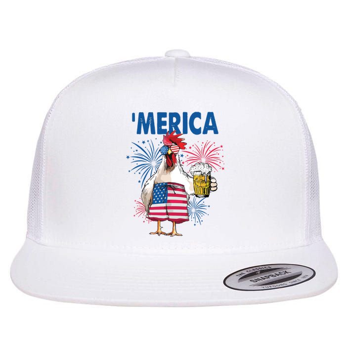 Merica Funny Chicken With Beer USA Flag 4th Of July Flat Bill Trucker Hat