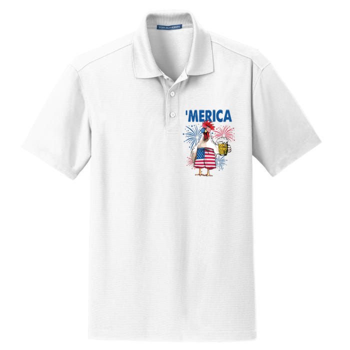 Merica Funny Chicken With Beer USA Flag 4th Of July Dry Zone Grid Polo