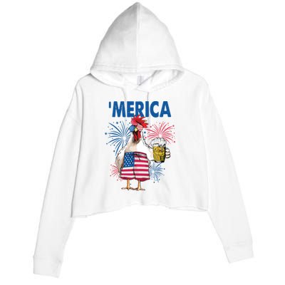 Merica Funny Chicken With Beer USA Flag 4th Of July Crop Fleece Hoodie