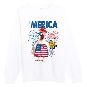 Merica Funny Chicken With Beer USA Flag 4th Of July Premium Crewneck Sweatshirt