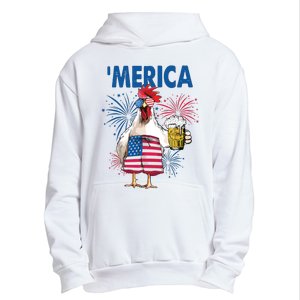 Merica Funny Chicken With Beer USA Flag 4th Of July Urban Pullover Hoodie