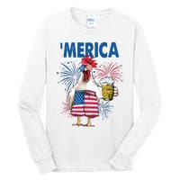 Merica Funny Chicken With Beer USA Flag 4th Of July Tall Long Sleeve T-Shirt