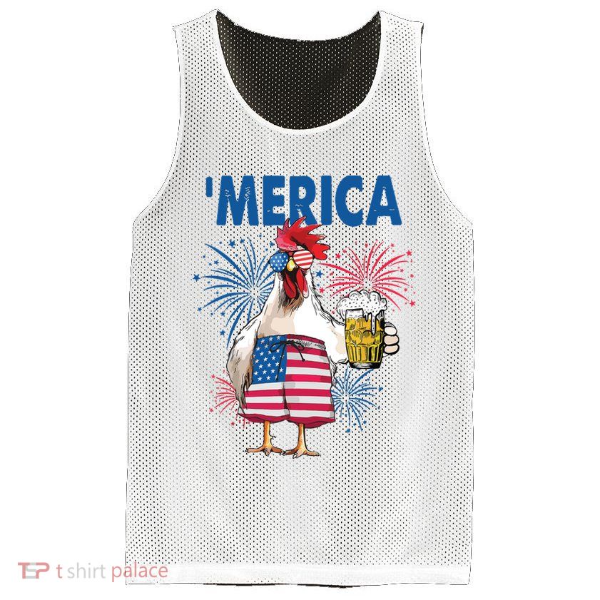 Merica Funny Chicken With Beer USA Flag 4th Of July Mesh Reversible Basketball Jersey Tank