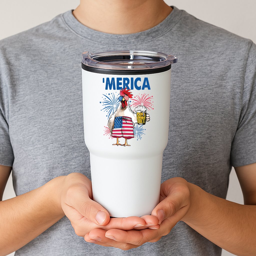 Merica Funny Chicken With Beer USA Flag 4th Of July Tumbler