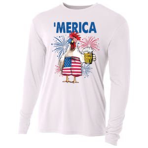 Merica Funny Chicken With Beer USA Flag 4th Of July Cooling Performance Long Sleeve Crew