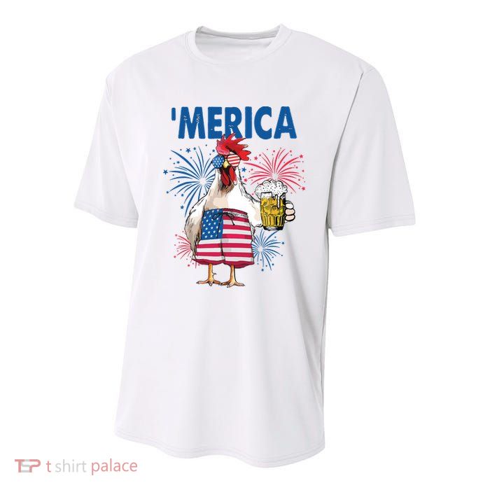 Merica Funny Chicken With Beer USA Flag 4th Of July Youth Performance Sprint T-Shirt