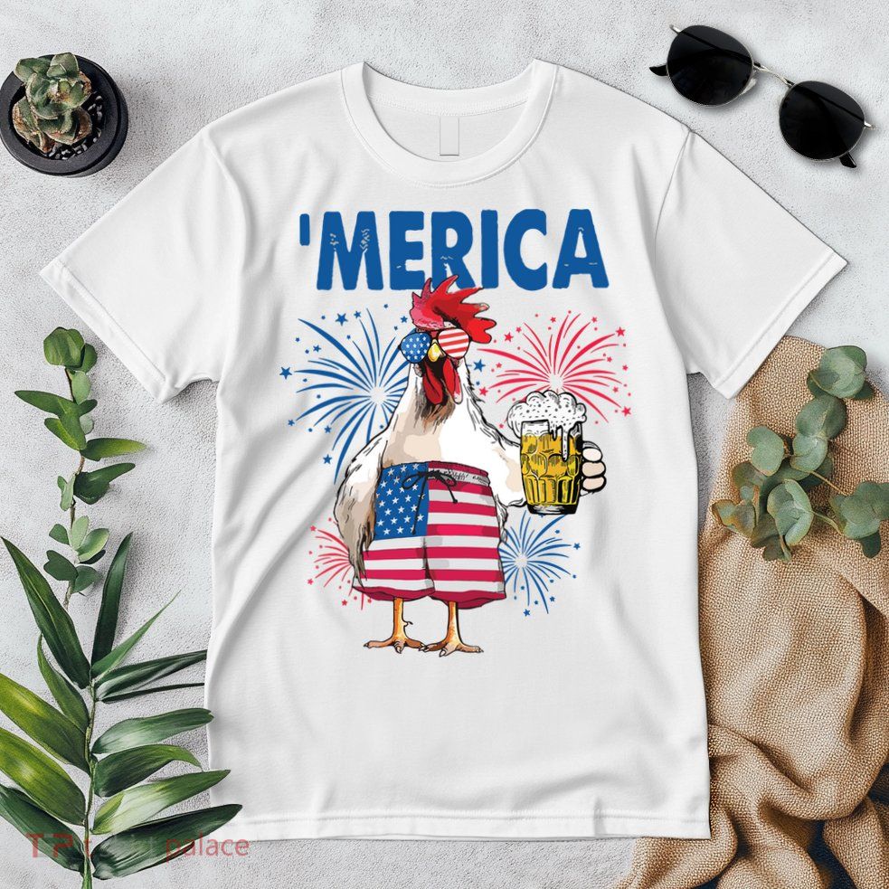 Merica Funny Chicken With Beer USA Flag 4th Of July Premium T-Shirt