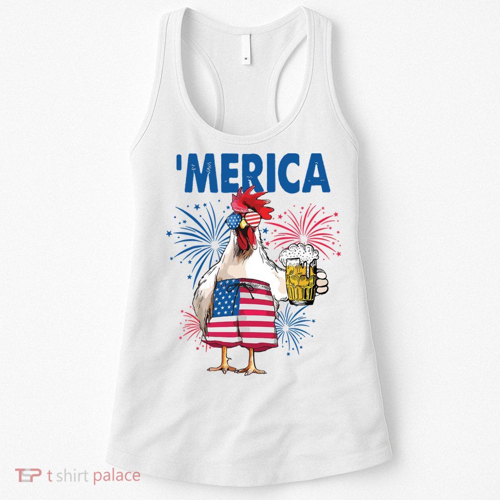 Merica Funny Chicken With Beer USA Flag 4th Of July Womens Tank Top