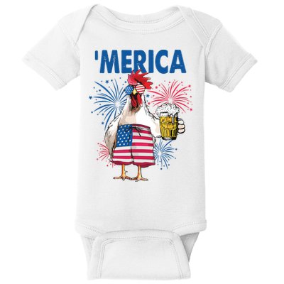 Merica Funny Chicken With Beer USA Flag 4th Of July Baby Bodysuit