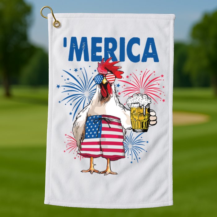 Merica Funny Chicken With Beer USA Flag 4th Of July Golf Towel