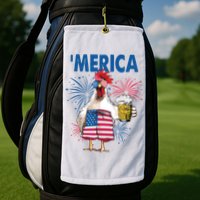 Merica Funny Chicken With Beer USA Flag 4th Of July Golf Towel