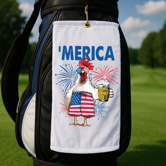 Merica Funny Chicken With Beer USA Flag 4th Of July Golf Towel