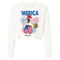 Merica Funny Chicken With Beer USA Flag 4th Of July Cropped Pullover Crew