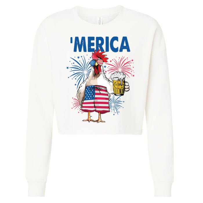Merica Funny Chicken With Beer USA Flag 4th Of July Cropped Pullover Crew
