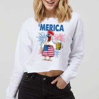 Merica Funny Chicken With Beer USA Flag 4th Of July Cropped Pullover Crew