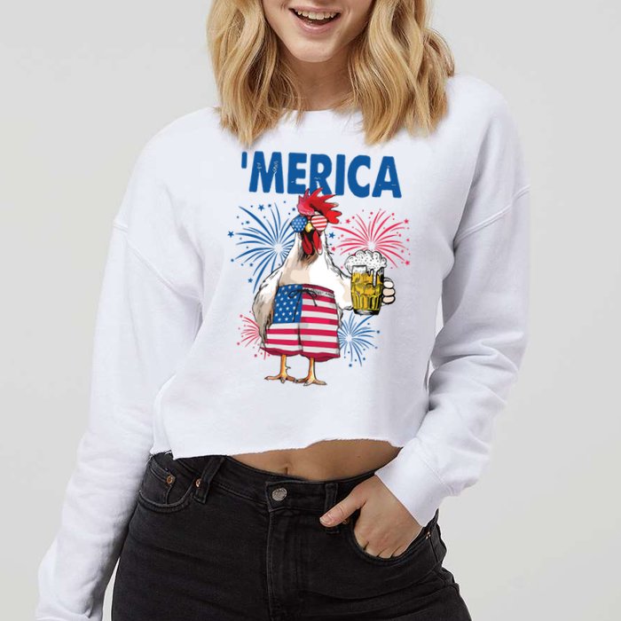 Merica Funny Chicken With Beer USA Flag 4th Of July Cropped Pullover Crew