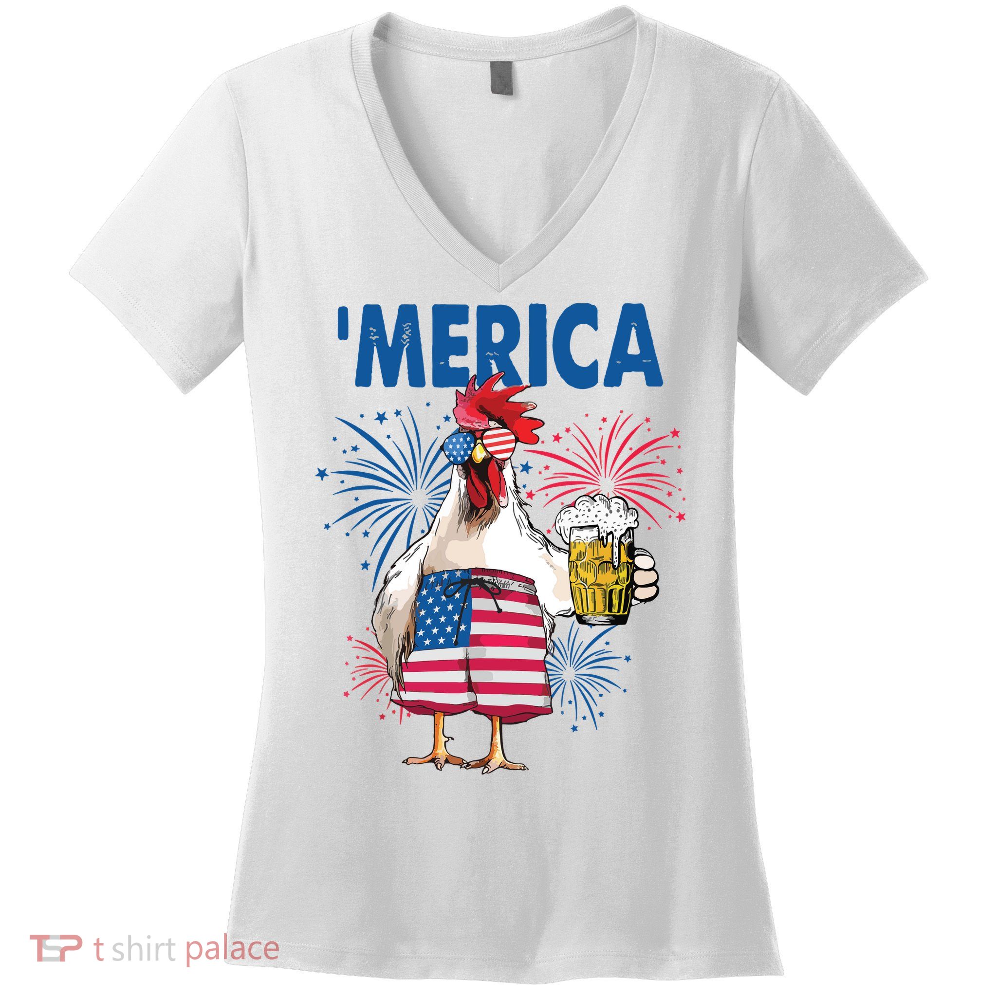 Merica Funny Chicken With Beer USA Flag 4th Of July Women's V-Neck T-Shirt