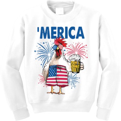 Merica Funny Chicken With Beer USA Flag 4th Of July Kids Sweatshirt