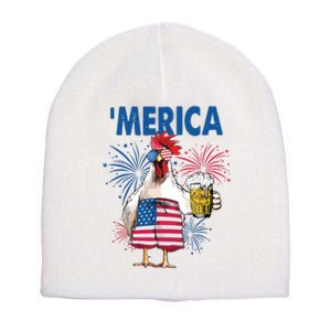 Merica Funny Chicken With Beer USA Flag 4th Of July Short Acrylic Beanie