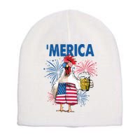 Merica Funny Chicken With Beer USA Flag 4th Of July Short Acrylic Beanie