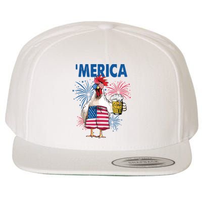Merica Funny Chicken With Beer USA Flag 4th Of July Wool Snapback Cap