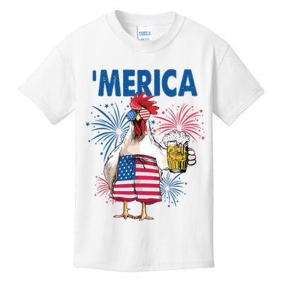 Merica Funny Chicken With Beer USA Flag 4th Of July Kids T-Shirt