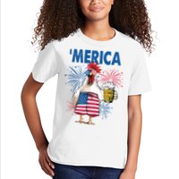 Merica Funny Chicken With Beer USA Flag 4th Of July Kids T-Shirt