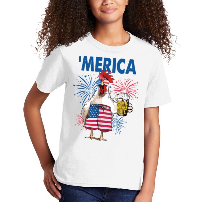 Merica Funny Chicken With Beer USA Flag 4th Of July Kids T-Shirt