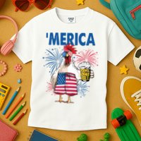 Merica Funny Chicken With Beer USA Flag 4th Of July Kids T-Shirt