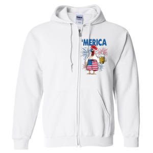 Merica Funny Chicken With Beer USA Flag 4th Of July Full Zip Hoodie