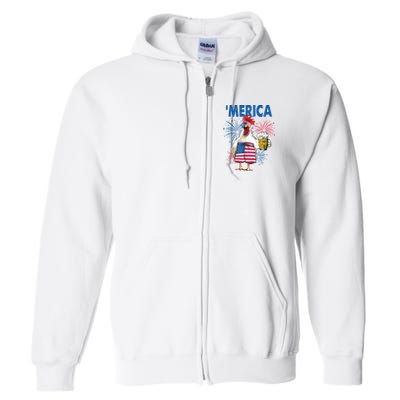 Merica Funny Chicken With Beer USA Flag 4th Of July Full Zip Hoodie