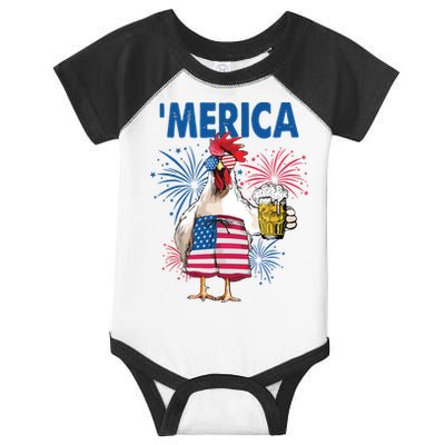 Merica Funny Chicken With Beer USA Flag 4th Of July Infant Baby Jersey Bodysuit