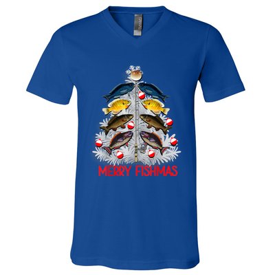 Merry Fishmas Christmas Tree Fish Fishing Fisher Xmas Cute Gift V-Neck T-Shirt