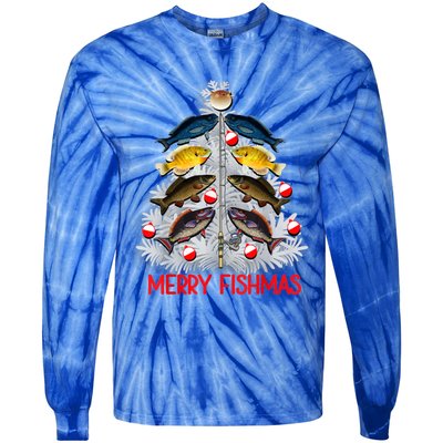 Merry Fishmas Christmas Tree Fish Fishing Fisher Xmas Cute Gift Tie-Dye Long Sleeve Shirt