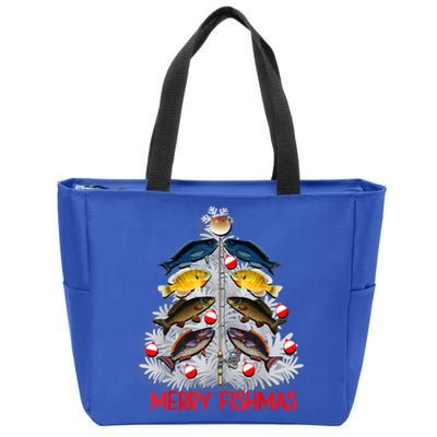 Merry Fishmas Christmas Tree Fish Fishing Fisher Xmas Cute Gift Zip Tote Bag