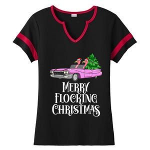 Merry Flocking Christmas Pink Flamingos Pink Car And Xmas Tree Cute Gift Ladies Halftime Notch Neck Tee