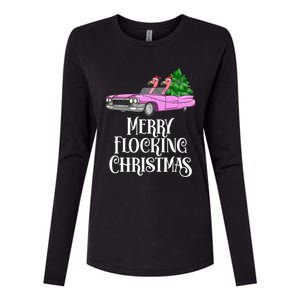 Merry Flocking Christmas Pink Flamingos Pink Car And Xmas Tree Cute Gift Womens Cotton Relaxed Long Sleeve T-Shirt