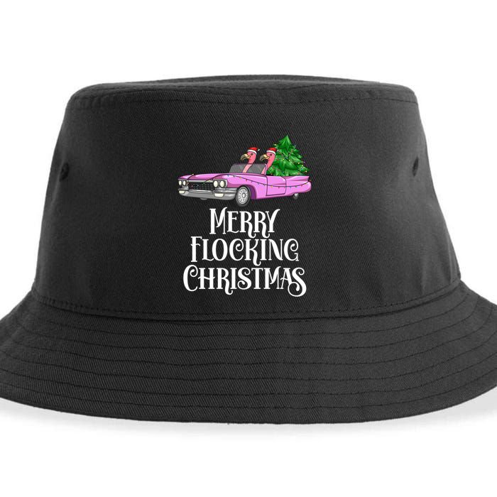Merry Flocking Christmas Pink Flamingos Pink Car And Xmas Tree Cute Gift Sustainable Bucket Hat