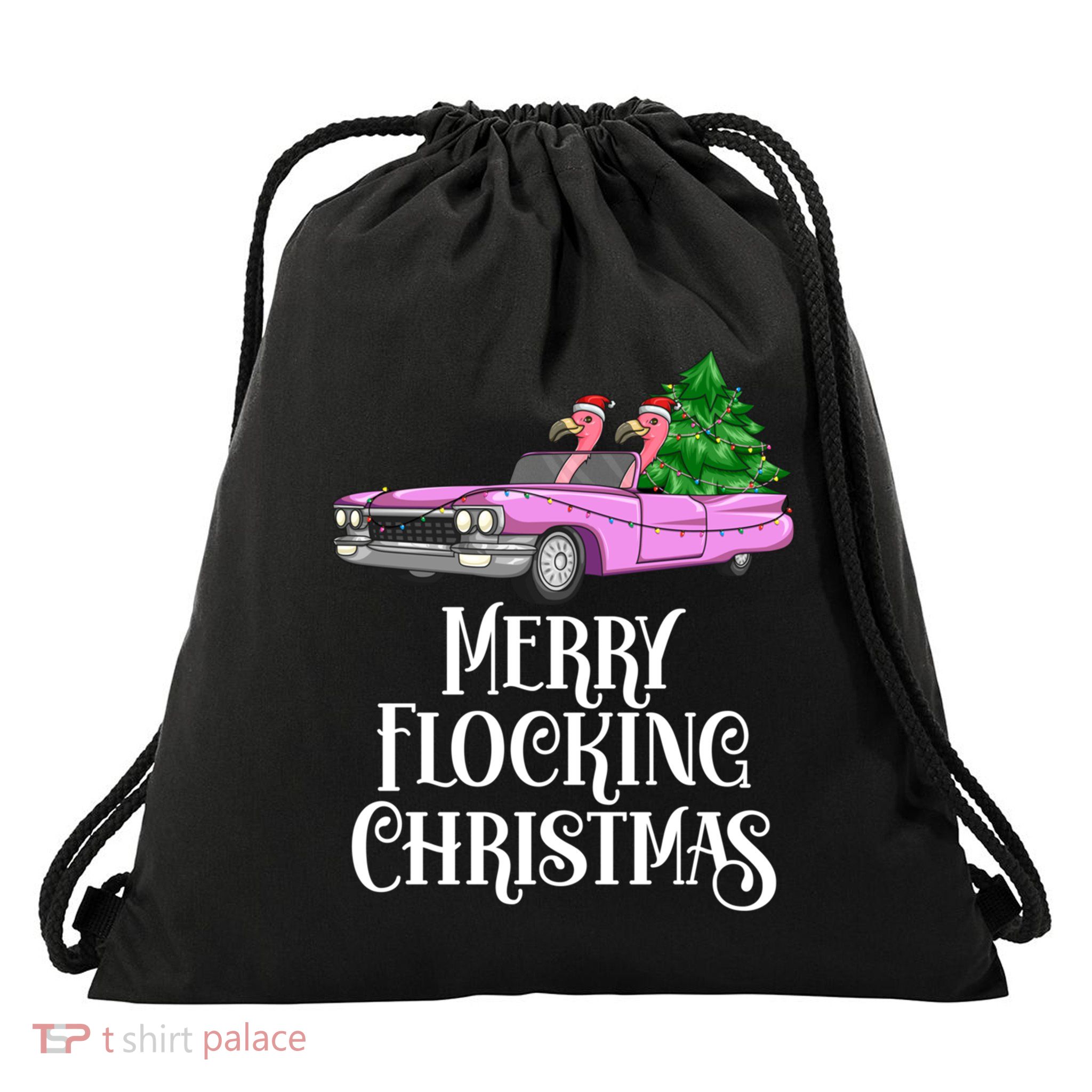Merry Flocking Christmas Pink Flamingos Pink Car And Xmas Tree Cute Gift Drawstring Bag