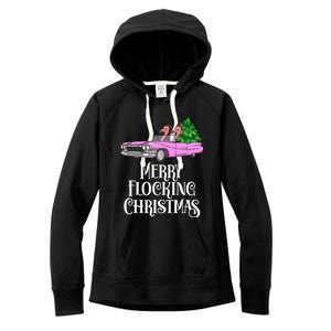 Merry Flocking Christmas Pink Flamingos Pink Car And Xmas Tree Cute Gift Women's Fleece Hoodie