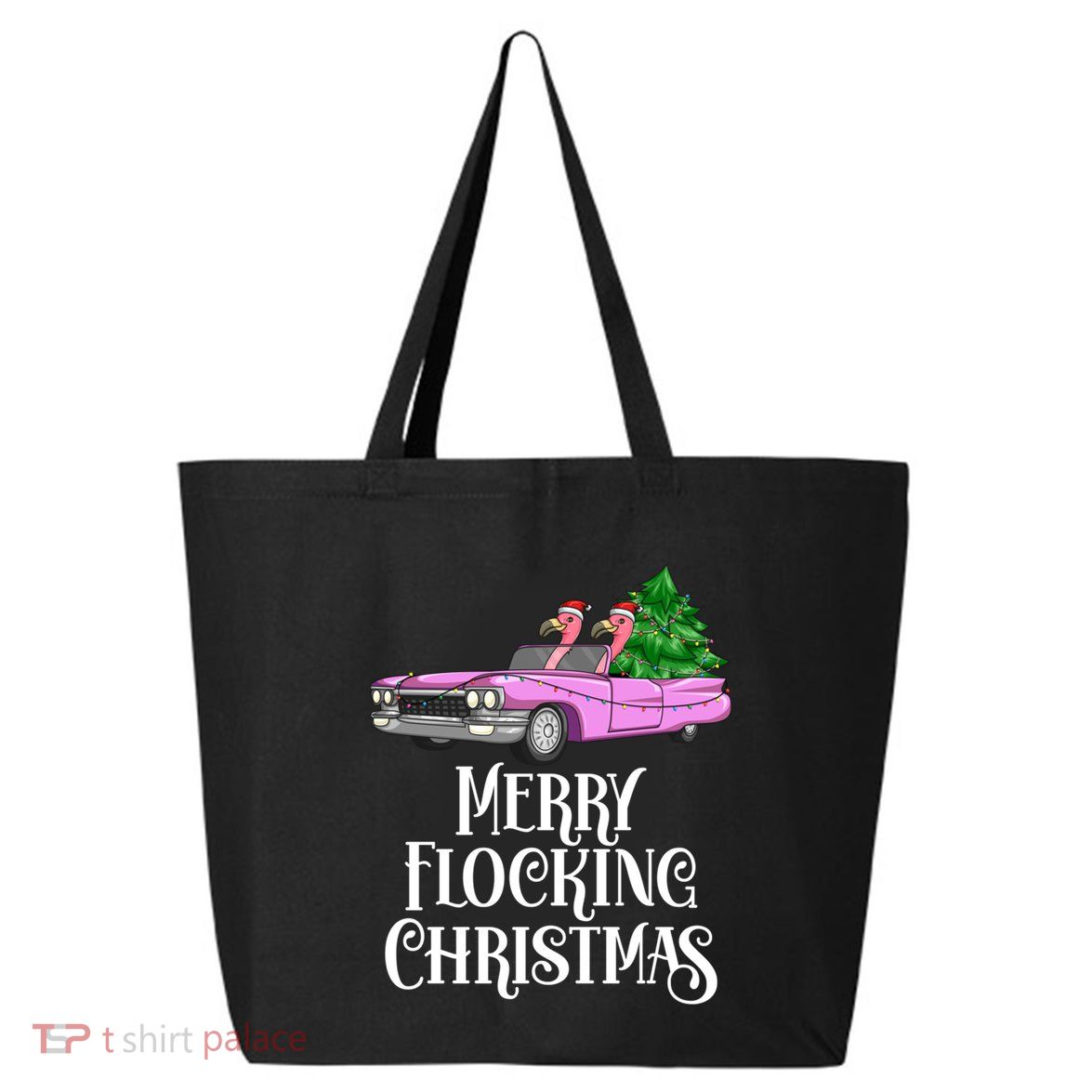 Merry Flocking Christmas Pink Flamingos Pink Car And Xmas Tree Cute Gift 25L Jumbo Tote