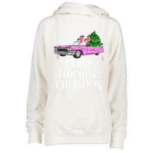 Merry Flocking Christmas Pink Flamingos Pink Car And Xmas Tree Cute Gift Womens Funnel Neck Pullover Hood